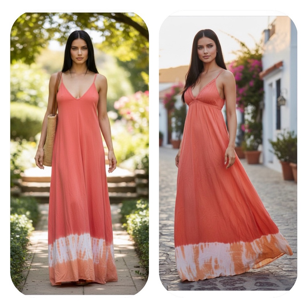 Gypsy 05 S pink coral orange tie dye cotton maxi dress - Picture 12 of 15